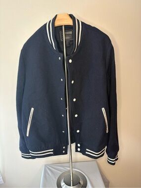 21men Navy Bomber-Style Varsity Wool Blend Jacket with White Trim